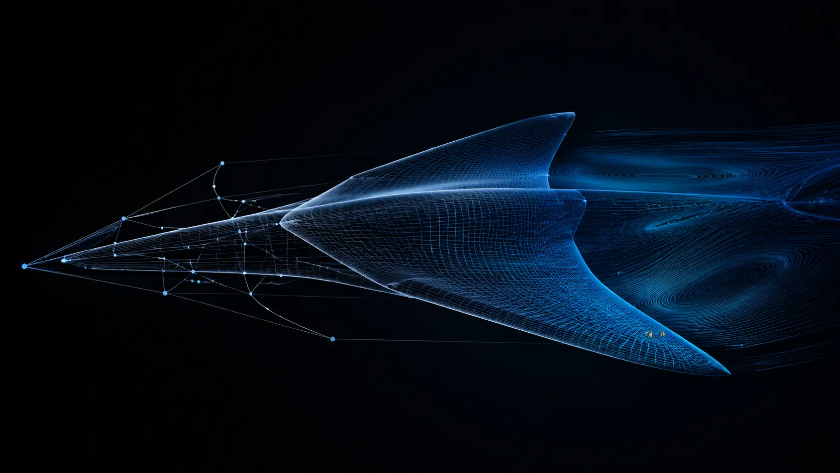A wireframe airframe surrounded by computational flow traces