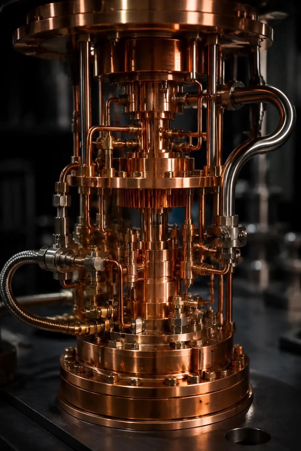 Precision cryogenic laboratory hardware in cool blue light