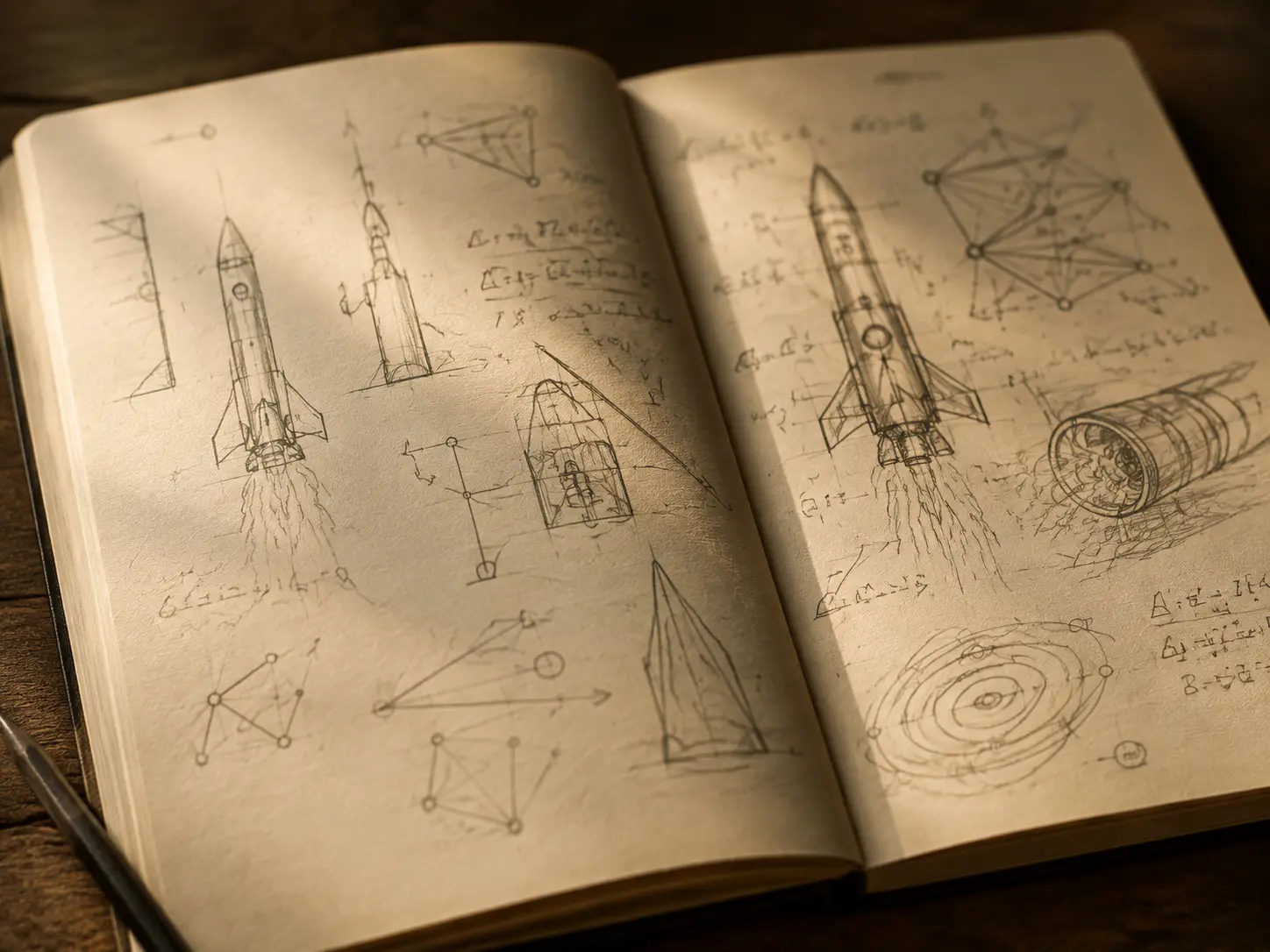 A childhood-style notebook filled with rocket sketches and equations