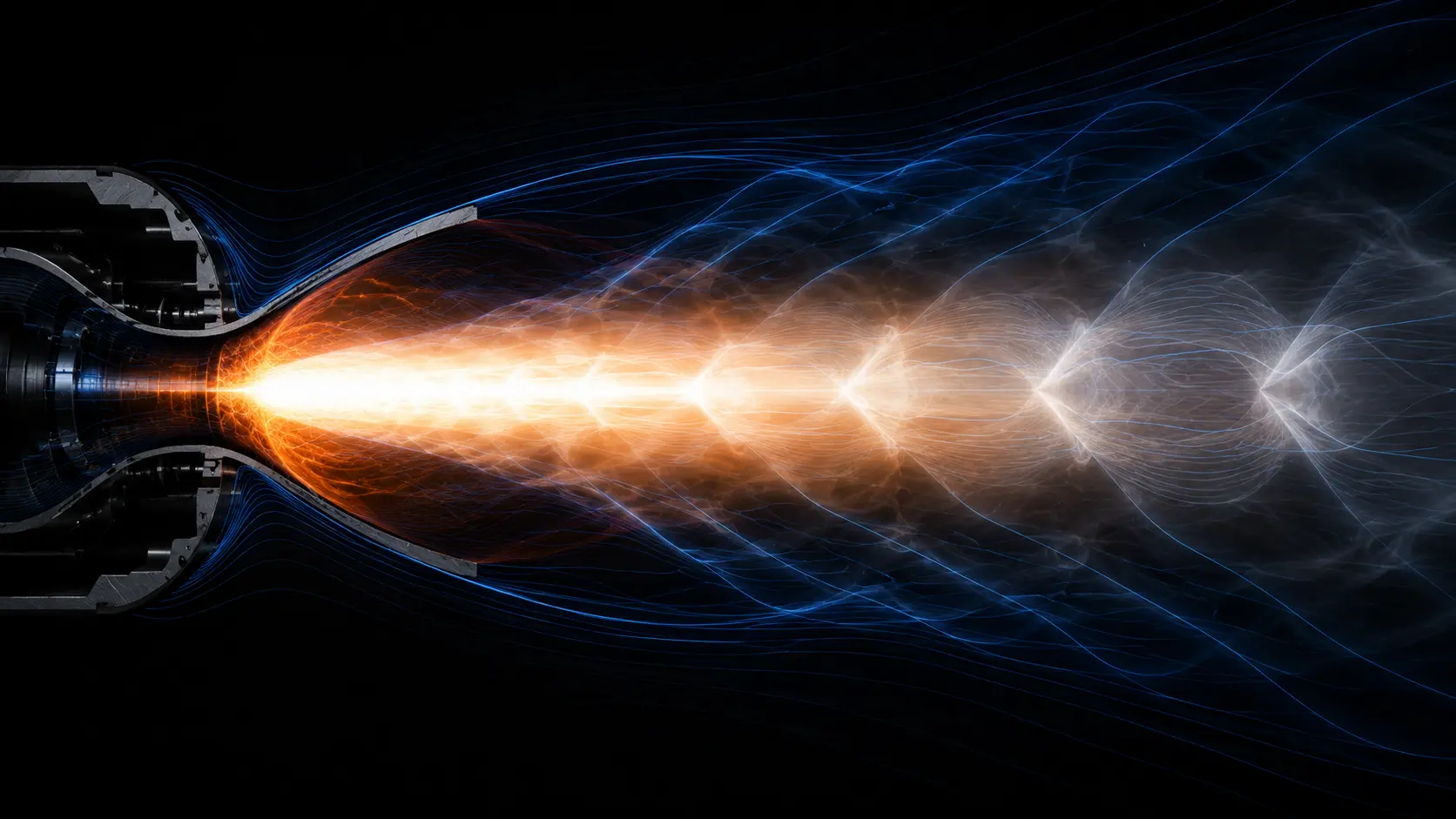 A blue rocket exhaust plume during an engine test